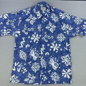 Straight Down Shirt Mens L Blue Hawaiian AOP Rayon Double Sided Short Sleeve